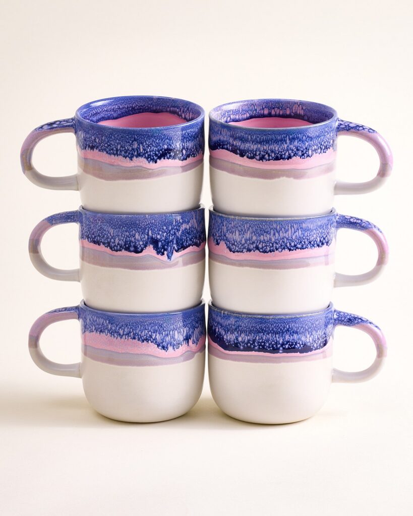 Large Blue Lilac Ceramic Mug Set of Six