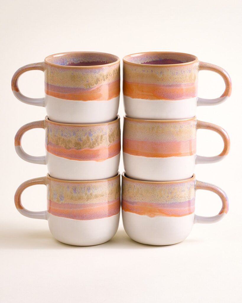 Large Lilac Orange Ceramic Mug Set of Six