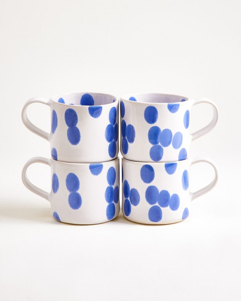 Large Dotted Blue Ceramic Mug Set of Four