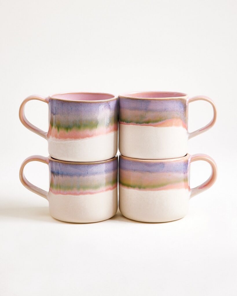Large Dipped Pink Blue Ceramic Mug Set of Four