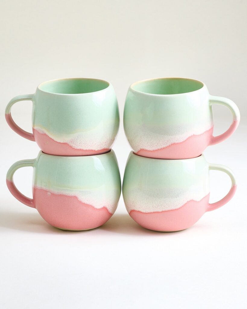 Large Lime Pink Ceramic Mug Set of Four
