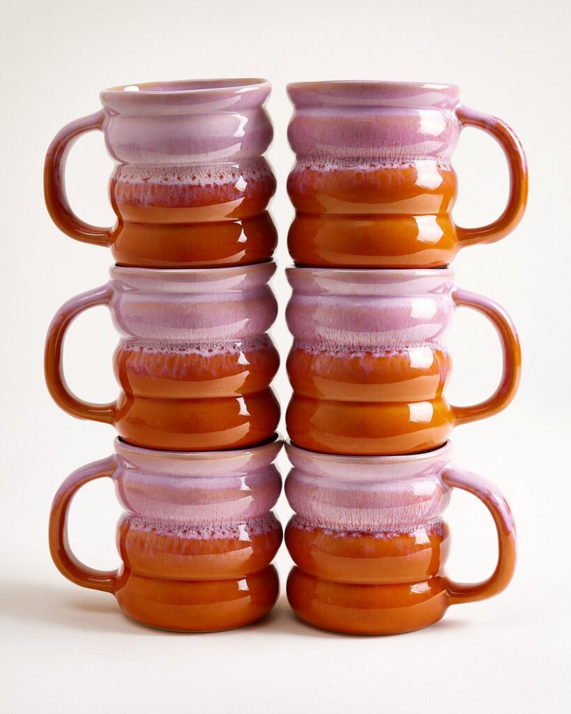 Large Bubble Pink Orange Ceramic Mug Set of Six